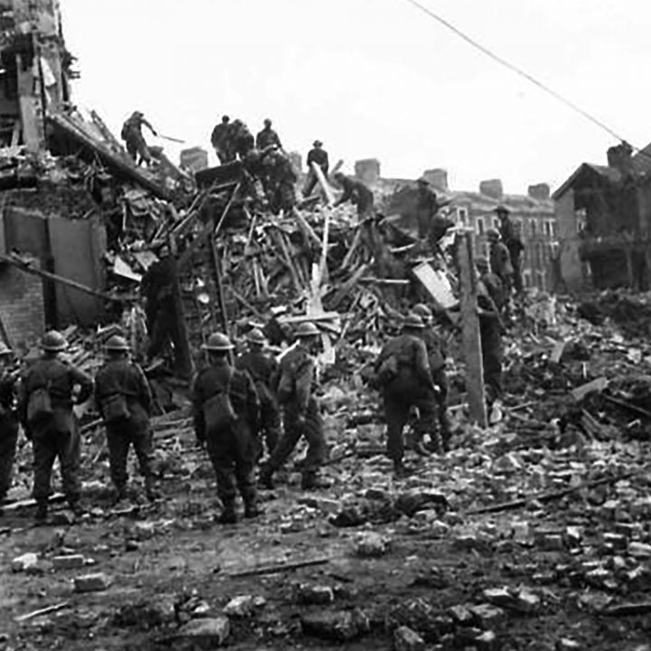 Soldiers clear up wreckage in Belfast on 16th April 1941 following a Luftwaffe Air Raid on the city