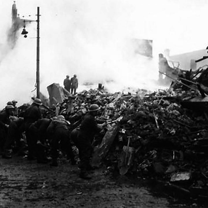 Soldiers clear up damage in Belfast on 16th April 1941 following a Luftwaffe Air Raid on the city
